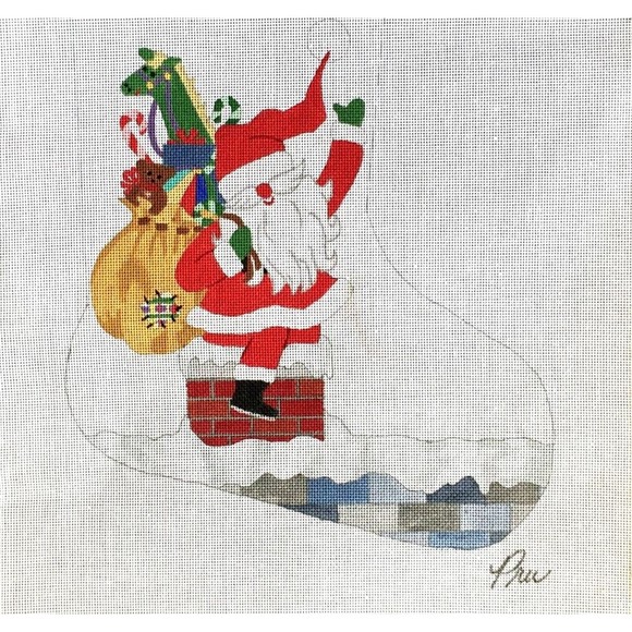 Vintage Pru Hand-painted Needlepoint Canvas 18” X 13” Santa Chimney Stocking NEW - Picture 2 of 8